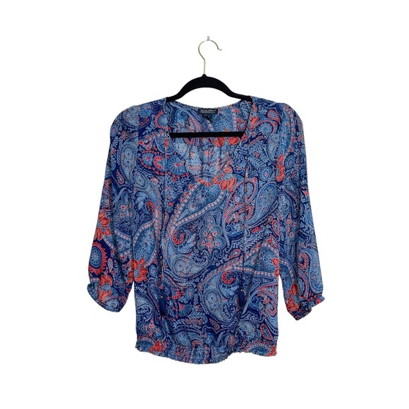 Lucky Brand Blue & Red Paisley Print Split Neck Semi-sheer Blouse Xsmall Women’s - Picture 1 of 9